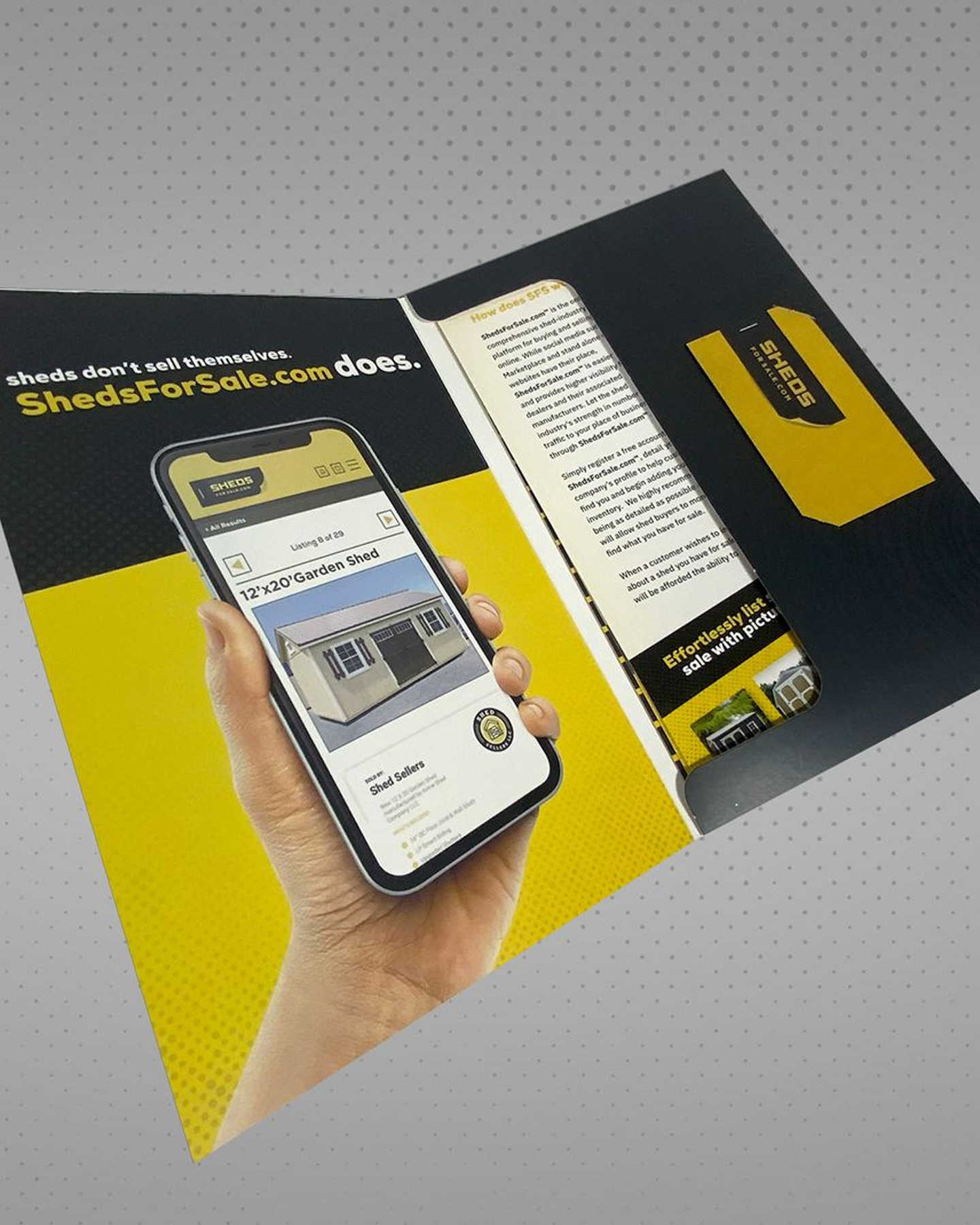 a mockup of a media kit brochure for shedsforsale.com