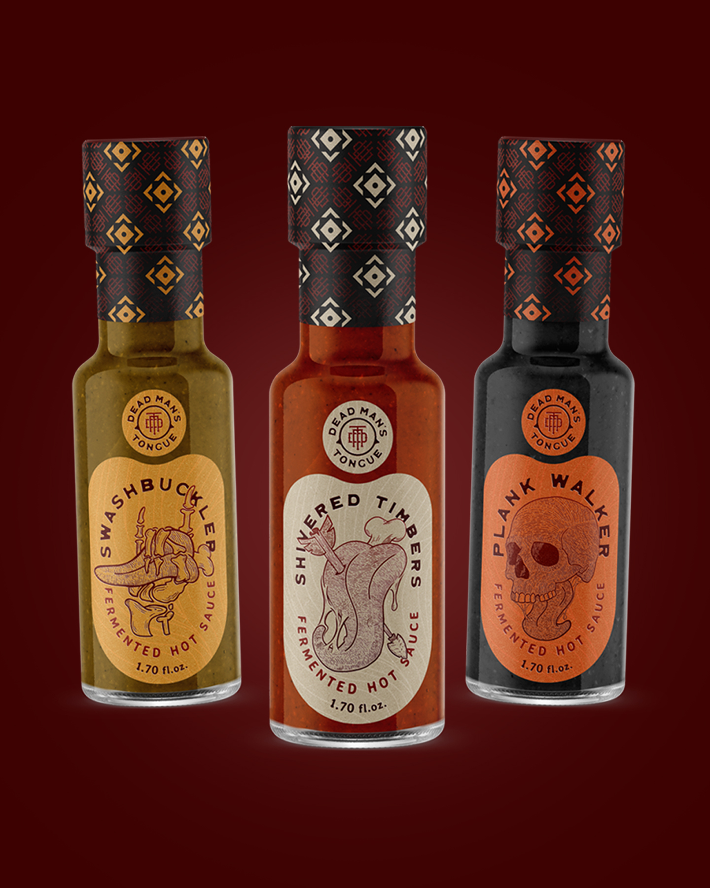 a mockup of three hot sauce bottles for dead man's tongue