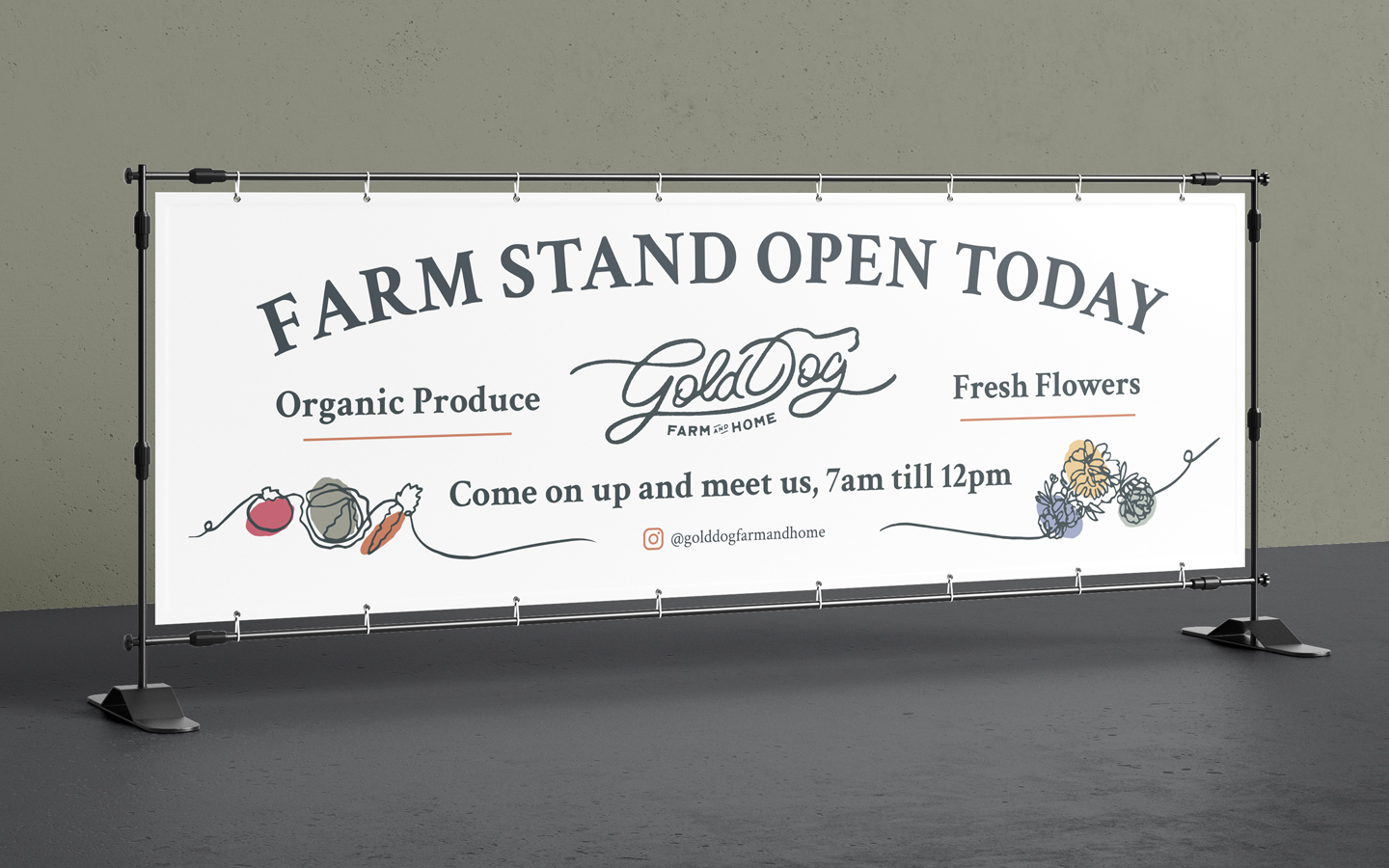 a banner for gold dog farm that reads farm stand open today