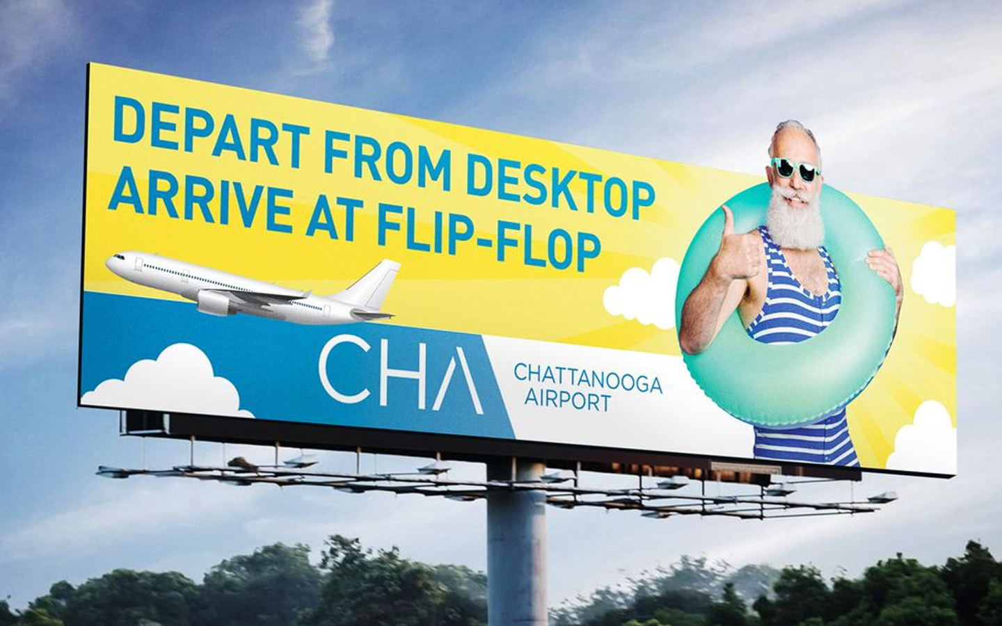 a billboard mockup for chattanooga airport that reads depart from desktop arrive at flip-flop