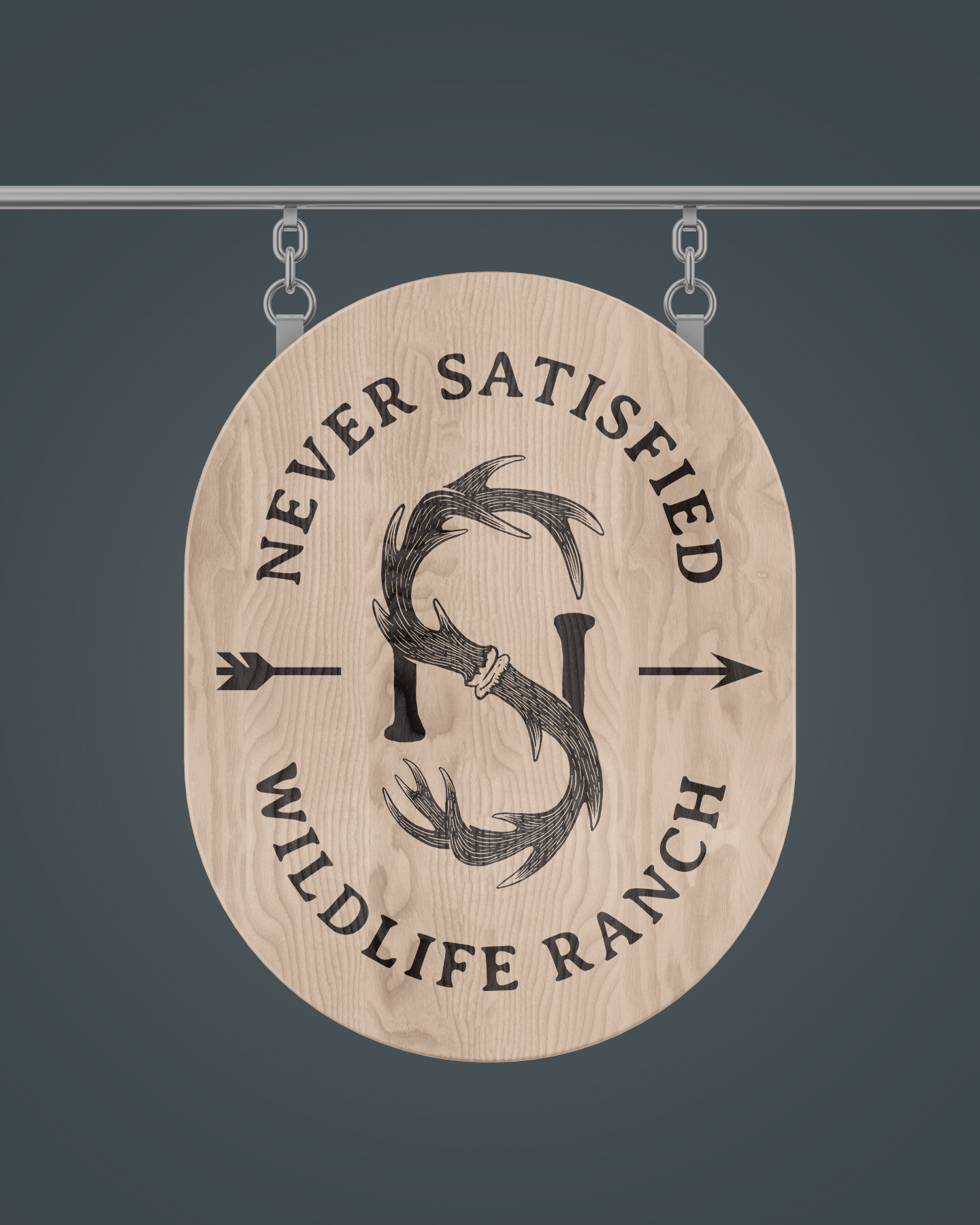 a hanging sign mockup of never satisfied wildlife ranch's logo