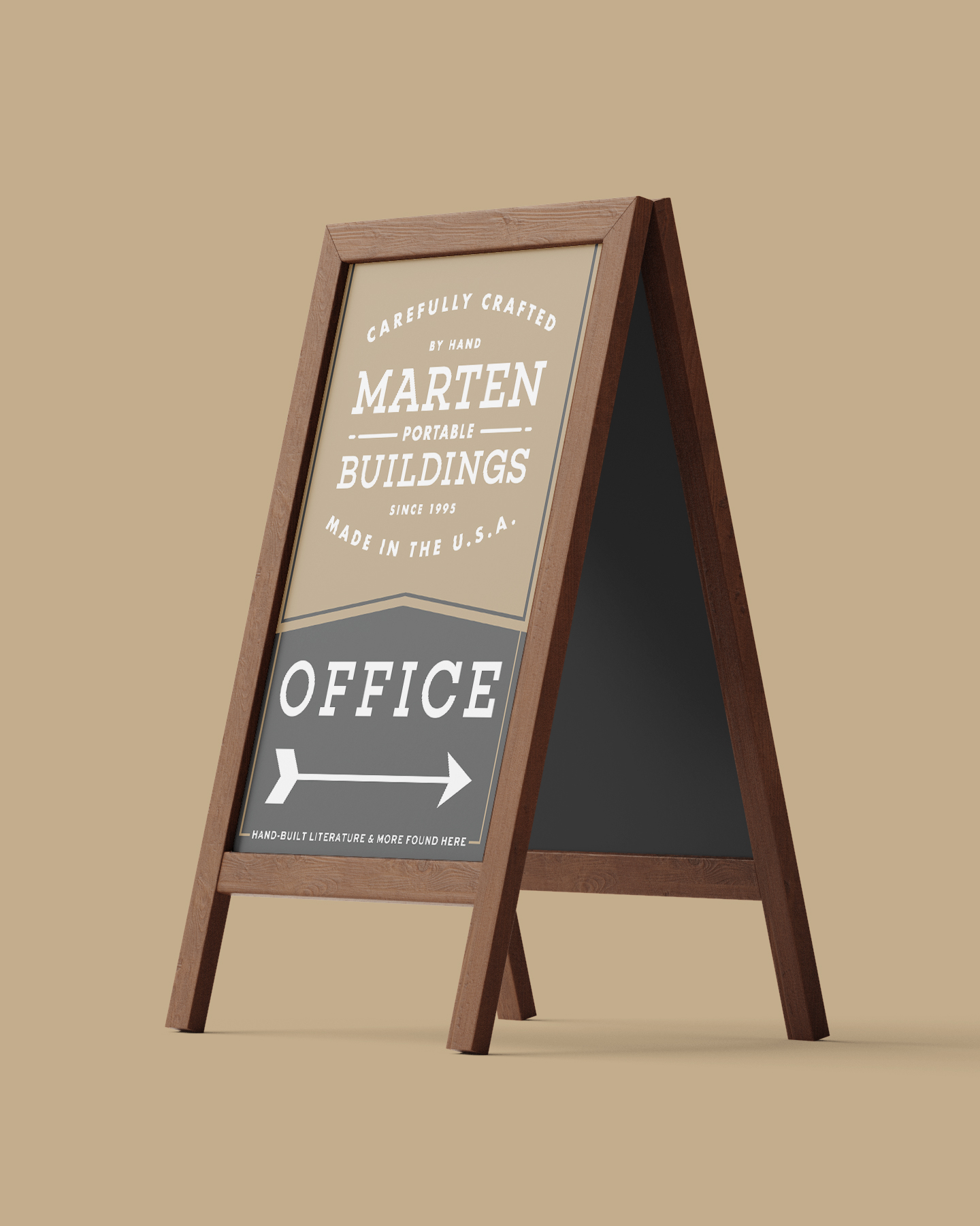an office a-frame sign for marten portable buildings