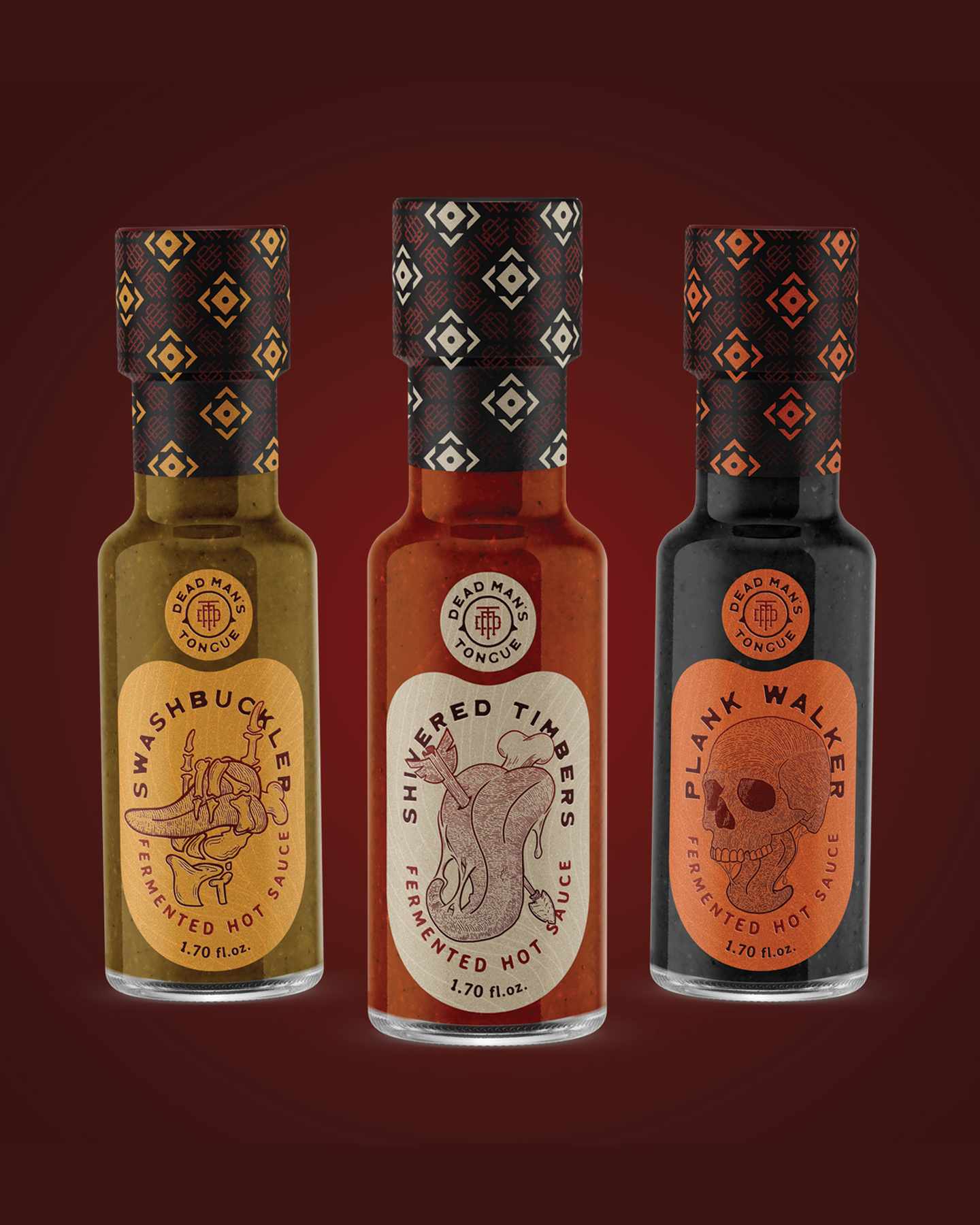 three hot sauce bottle mockups for dead man's tongue