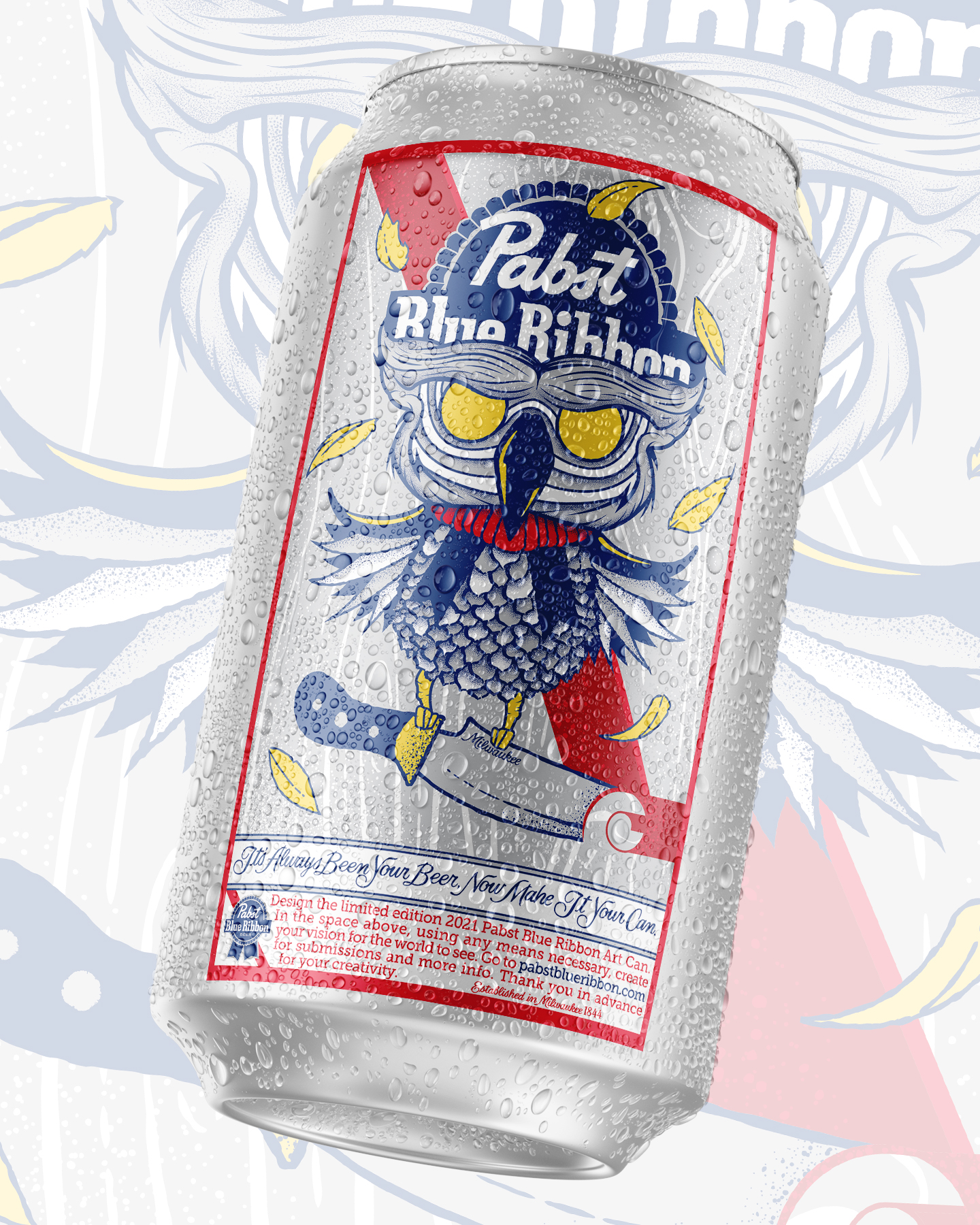 an illustration of an owl on a knife for pabst blue ribbion