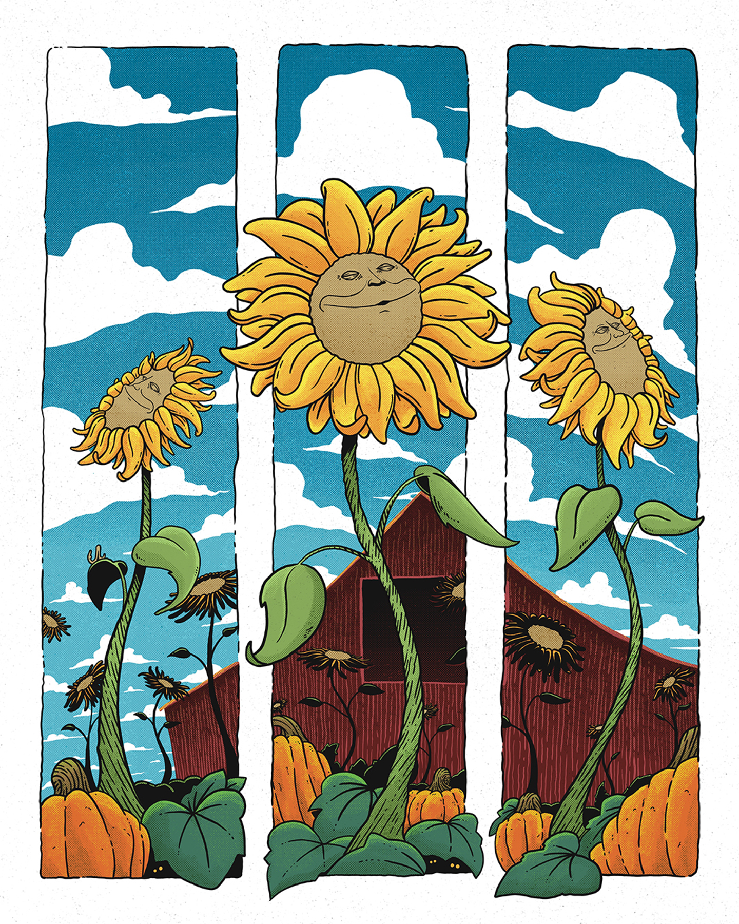 an illustration of three smiling sunflowers on a farm on a sunny day