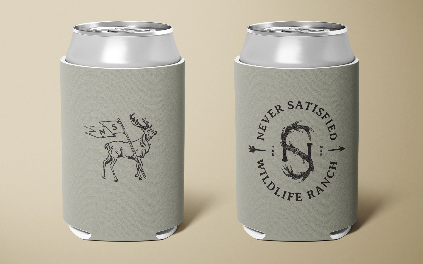 a front and back branded mockup for a coozie for never satisfied wildlife ranch