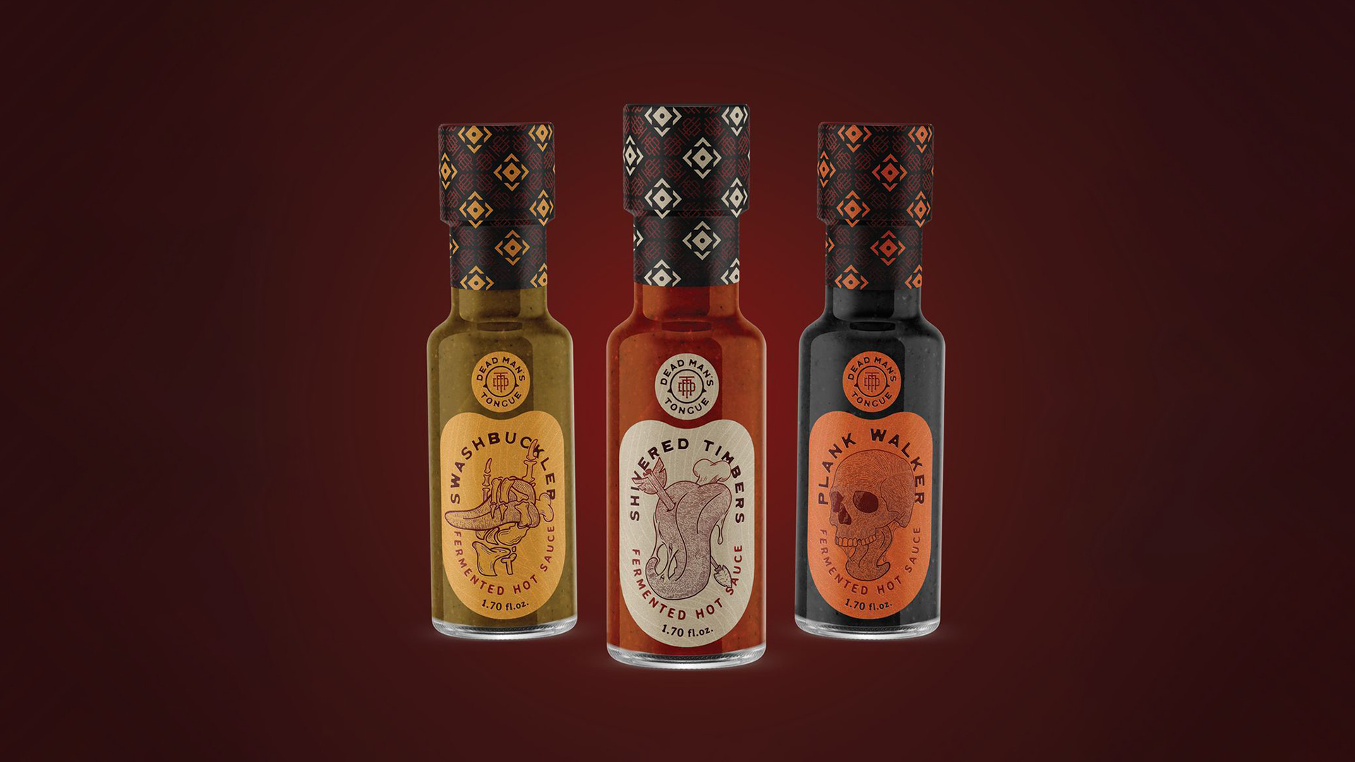 three bottles of hot sauce for dead man's tongue
