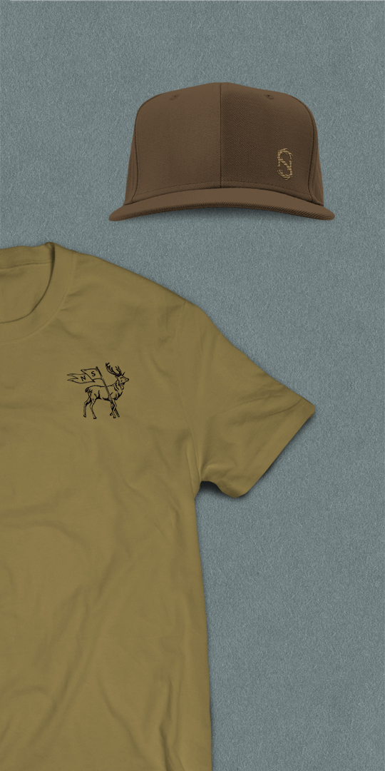 a mockup of a tshirt and hat design with the never satisfied wildlife ranch's logo on them