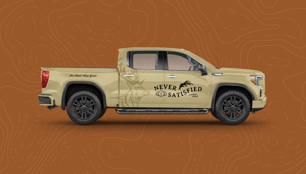 a mockup of a truck wrap for never satisfied wildlife ranch's truck wrap
