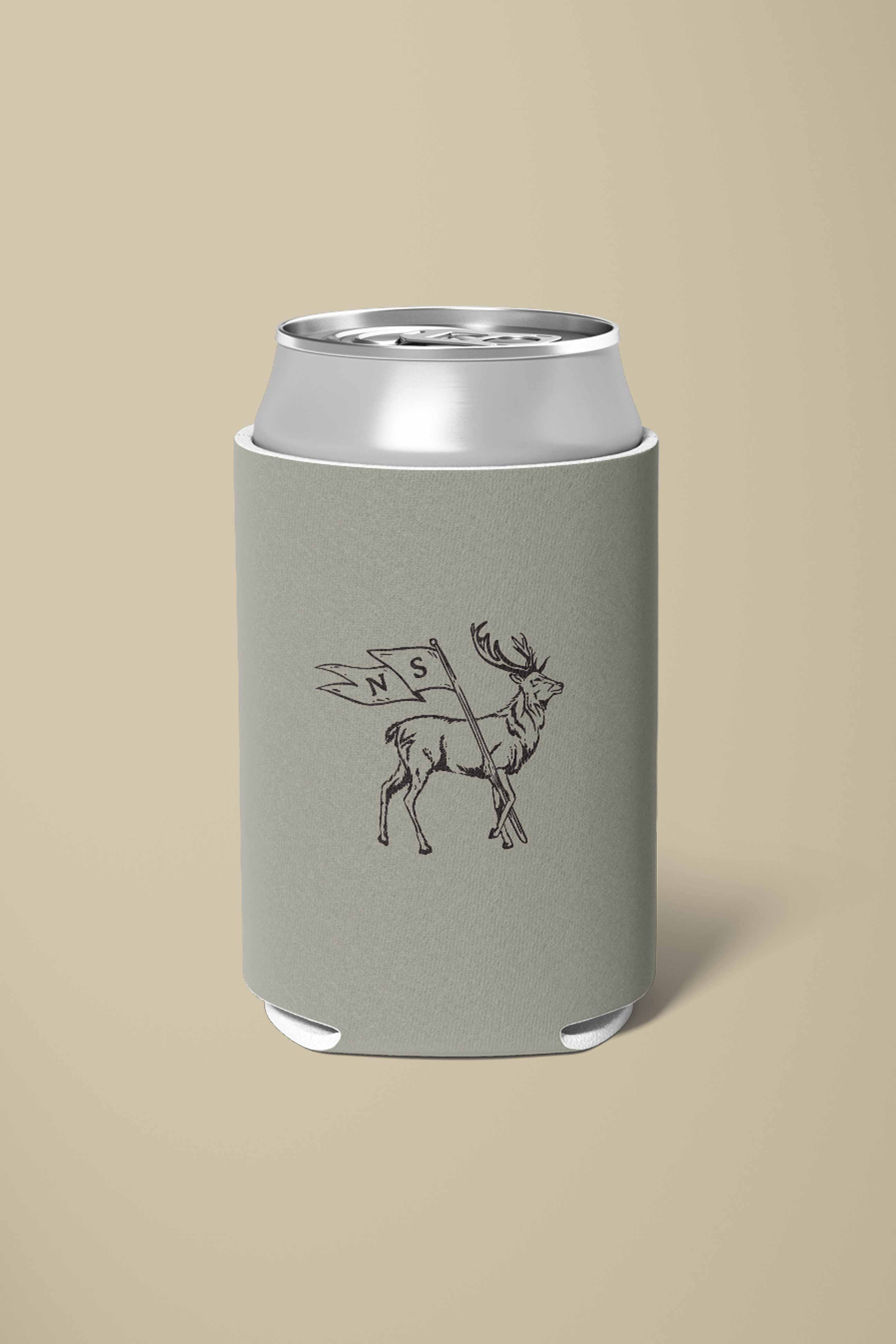 a koozie mockup with a deer holding a flag for the never satisfied brand