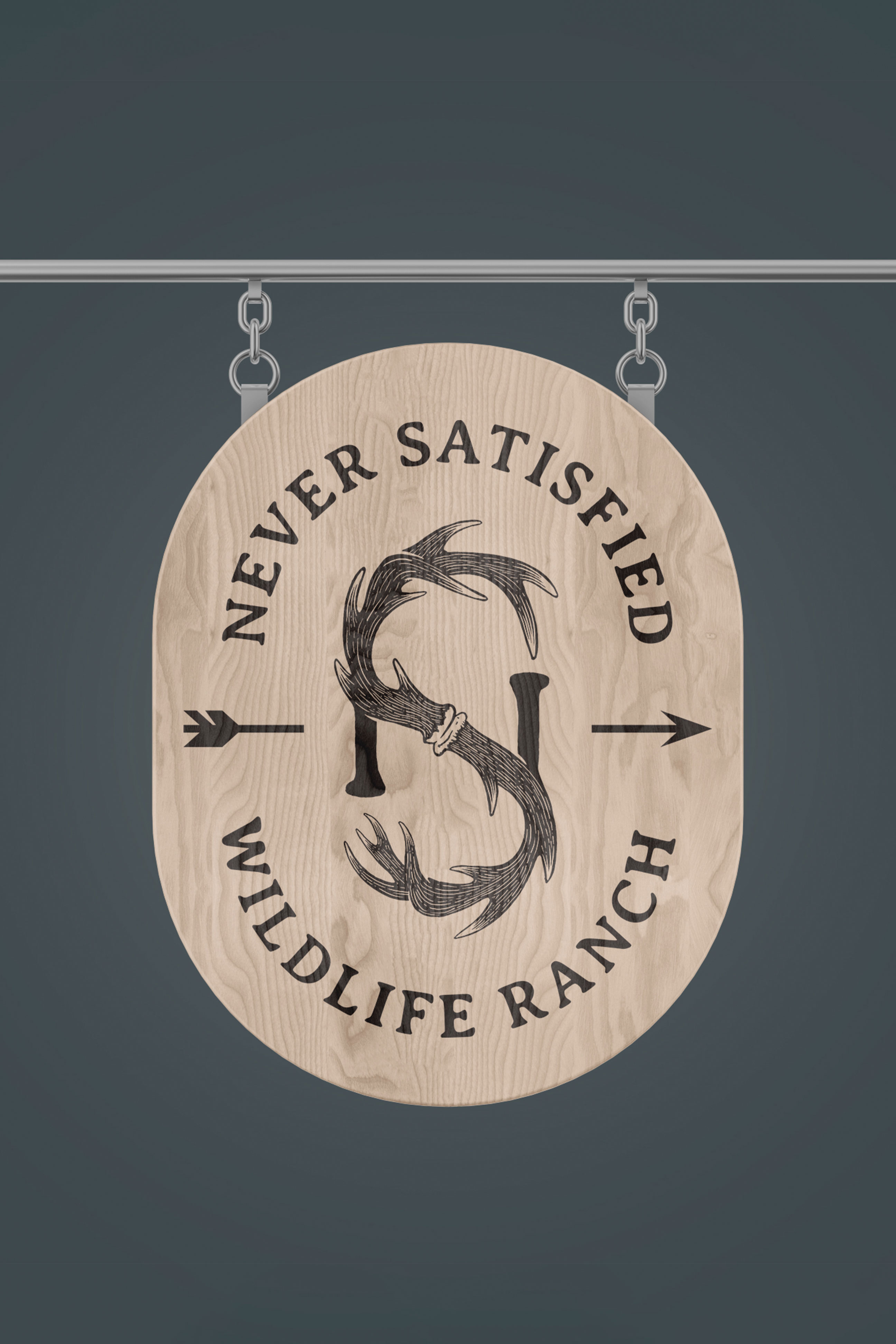 a hanging sign mockup of never satisfied wildlife ranch's logo