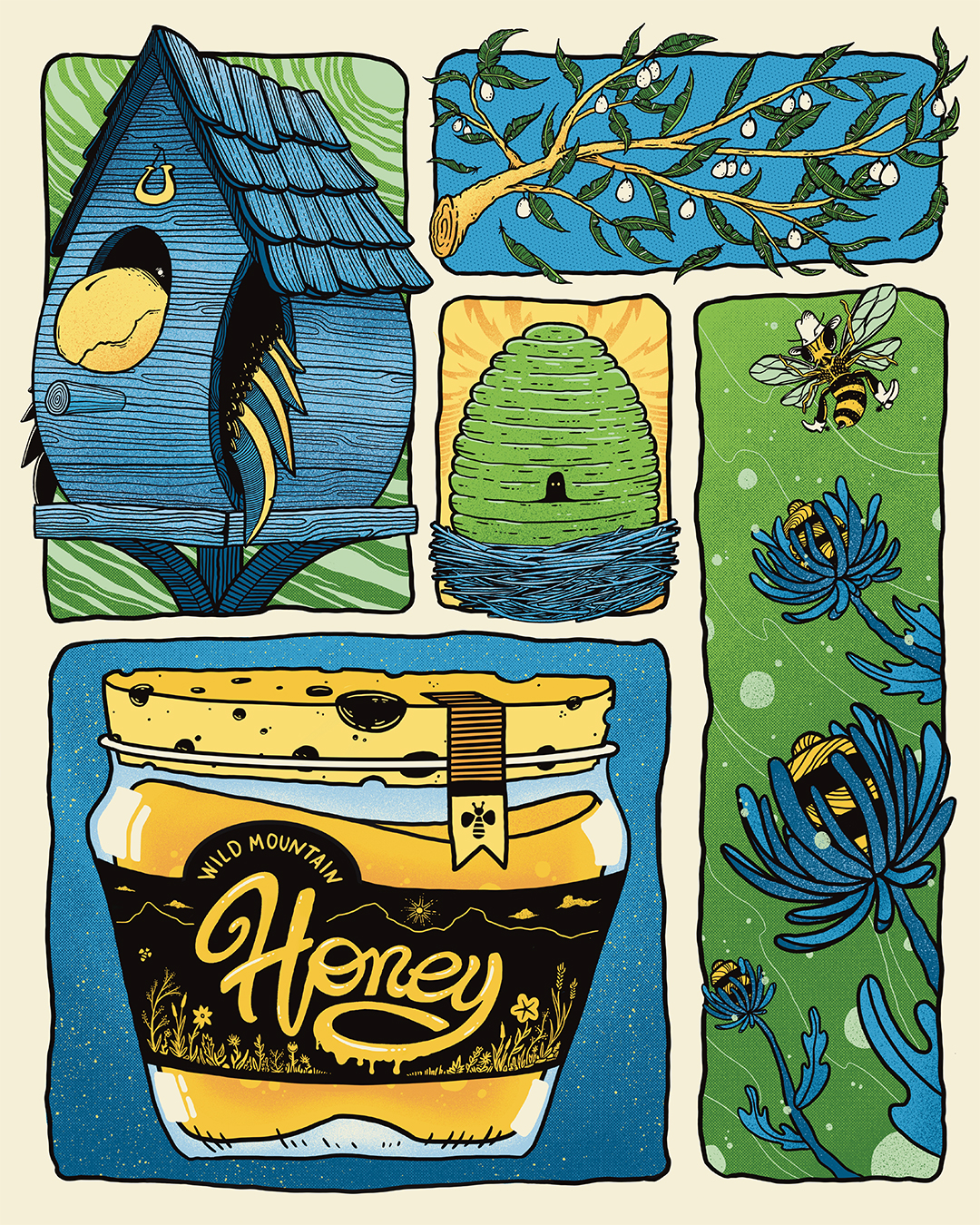 a five panel illustration juxtaposing elements of birds and bees