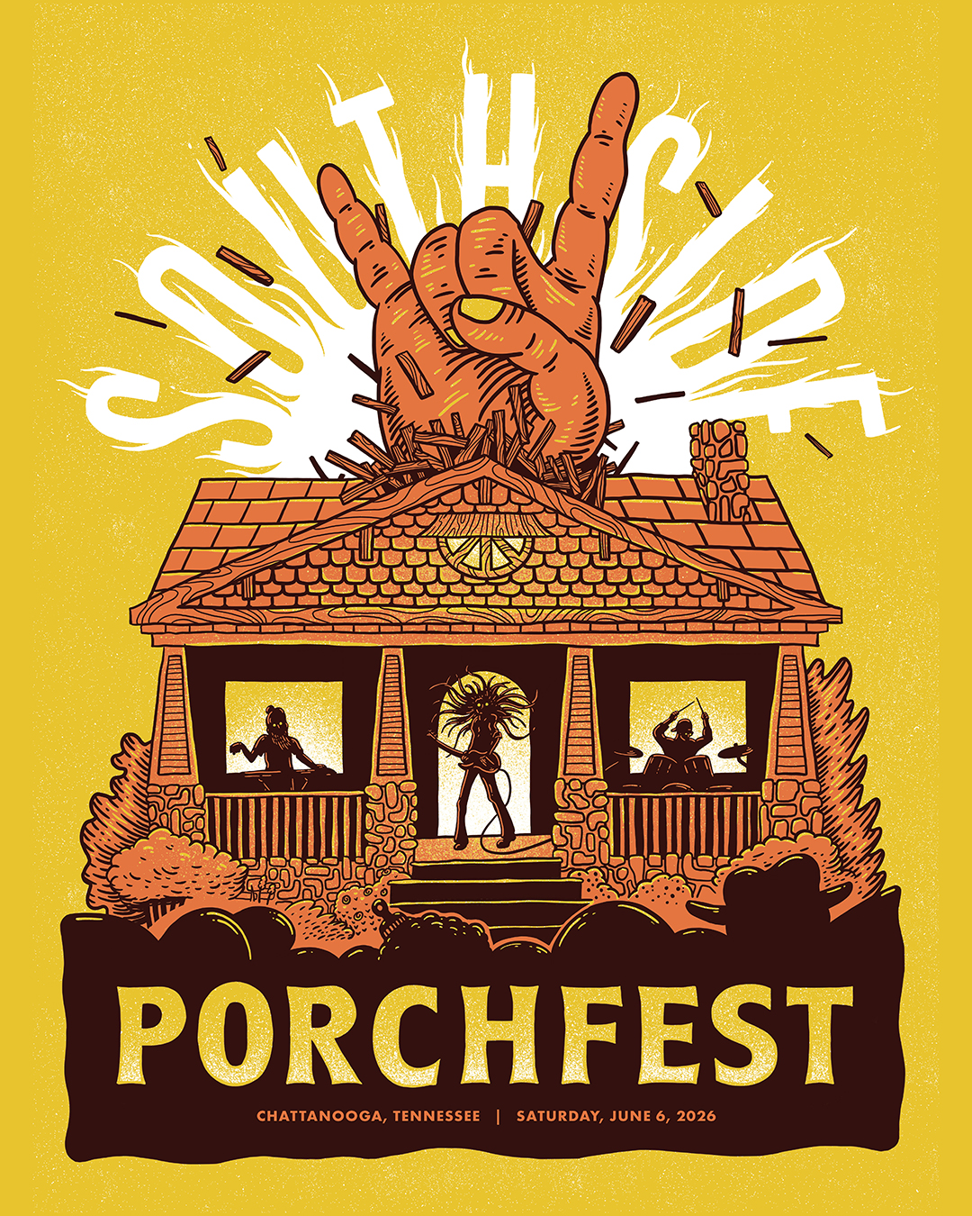 a gig poster for southside porchfest in chattanooga with the horns hand sign blasting thru a roof of a craftman style home