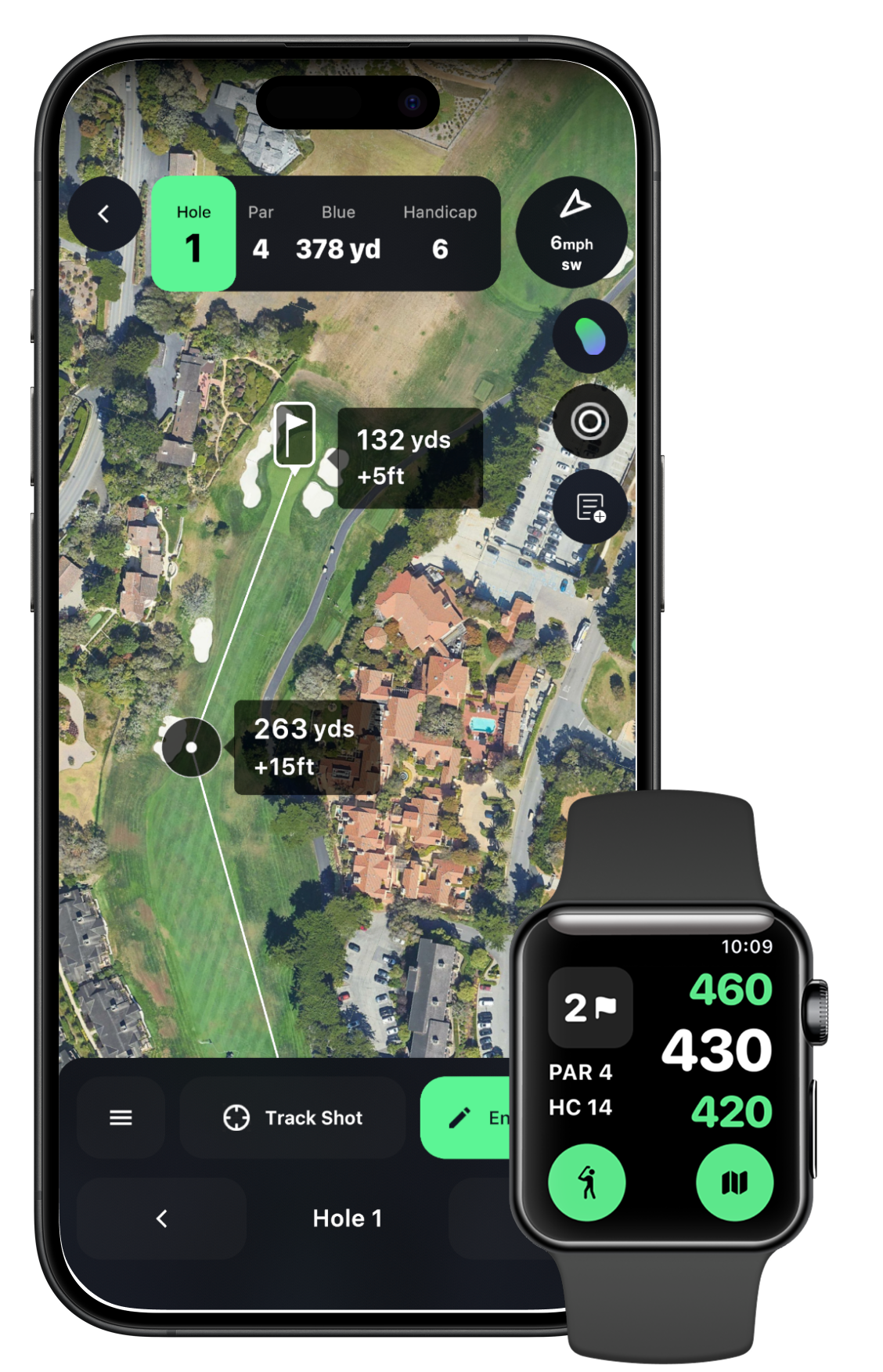 Putty GPS yardages with wind on iPhone and Apple Watch