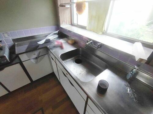 Kitchen corner with L-shaped counter and stainless steel sink