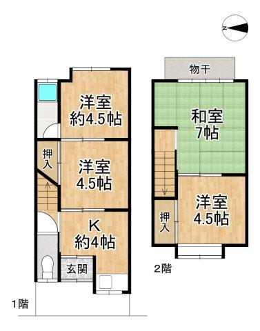 Floor plan diagram showing a two-story Japanese house layout with three Western-style rooms, one Japanese-style room, kitchen, and storage area