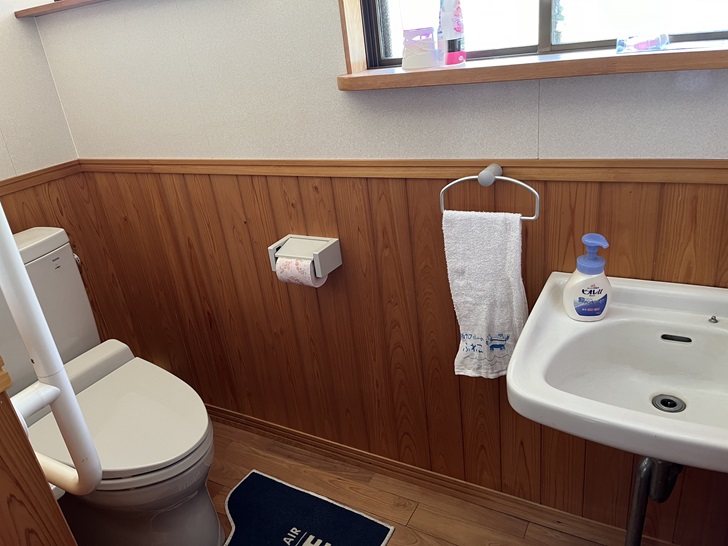 A modern toilet room with wooden wainscoting, a white toilet with safety rails, a small sink, and basic amenities like a towel rack and toilet paper holder.