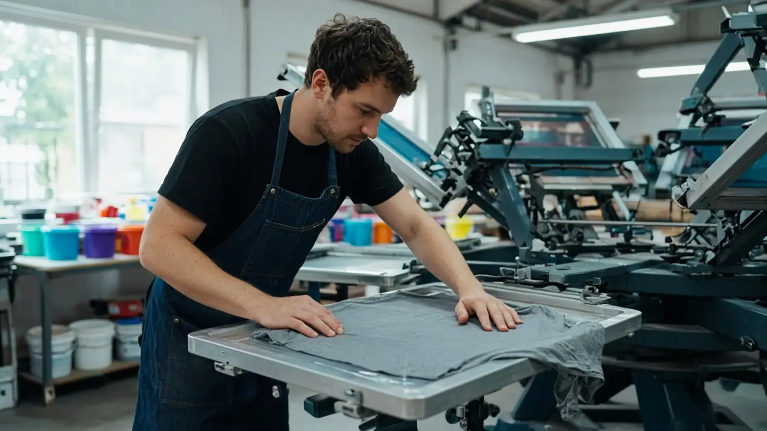 Printer lining up a screen on a screen-printing press