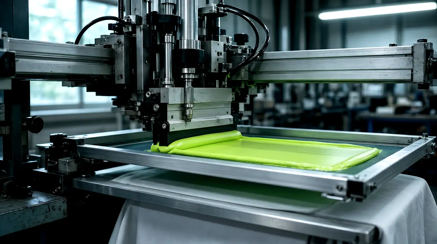 Screen-printing machine laying down green ink