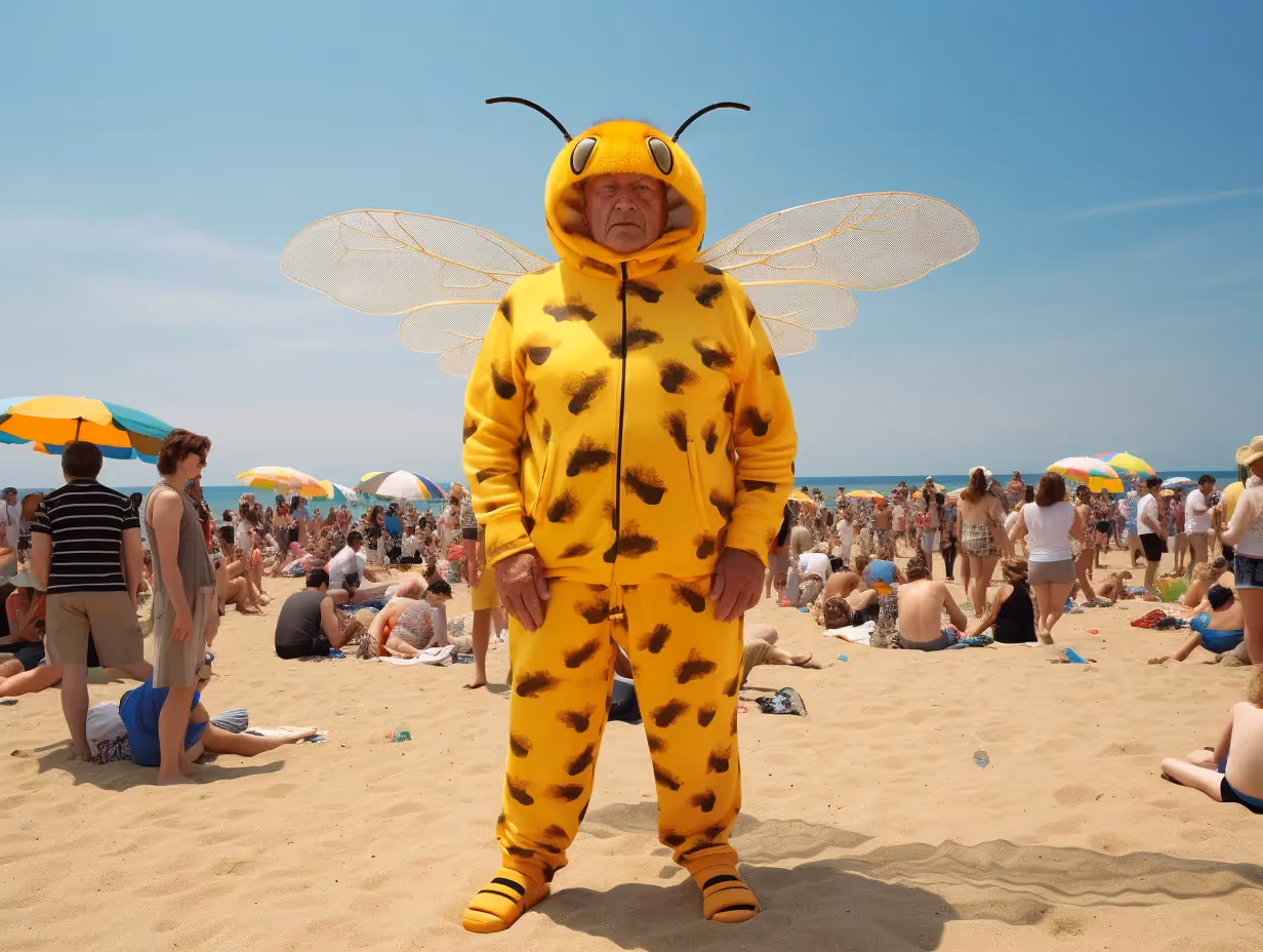 a man dressed as a bee on the beach