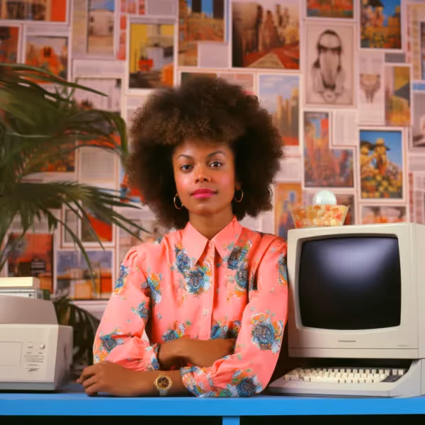 a woman sitting at a desk with a computer