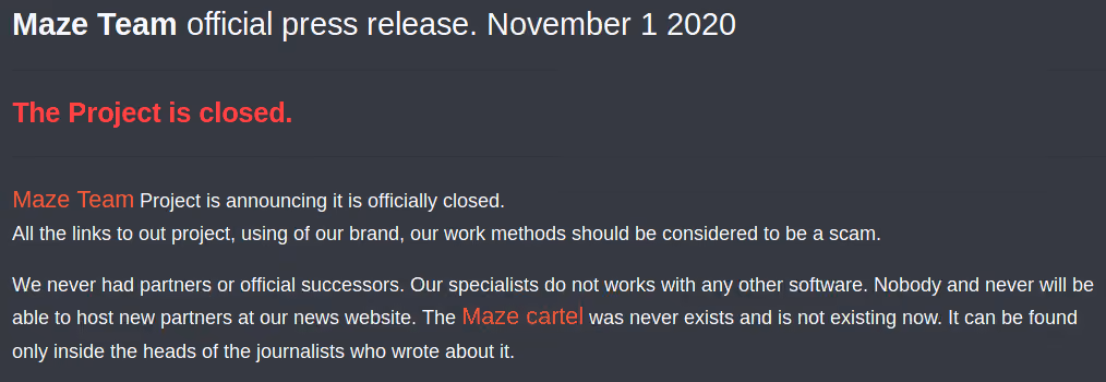 Maze ransomware group retirement notice