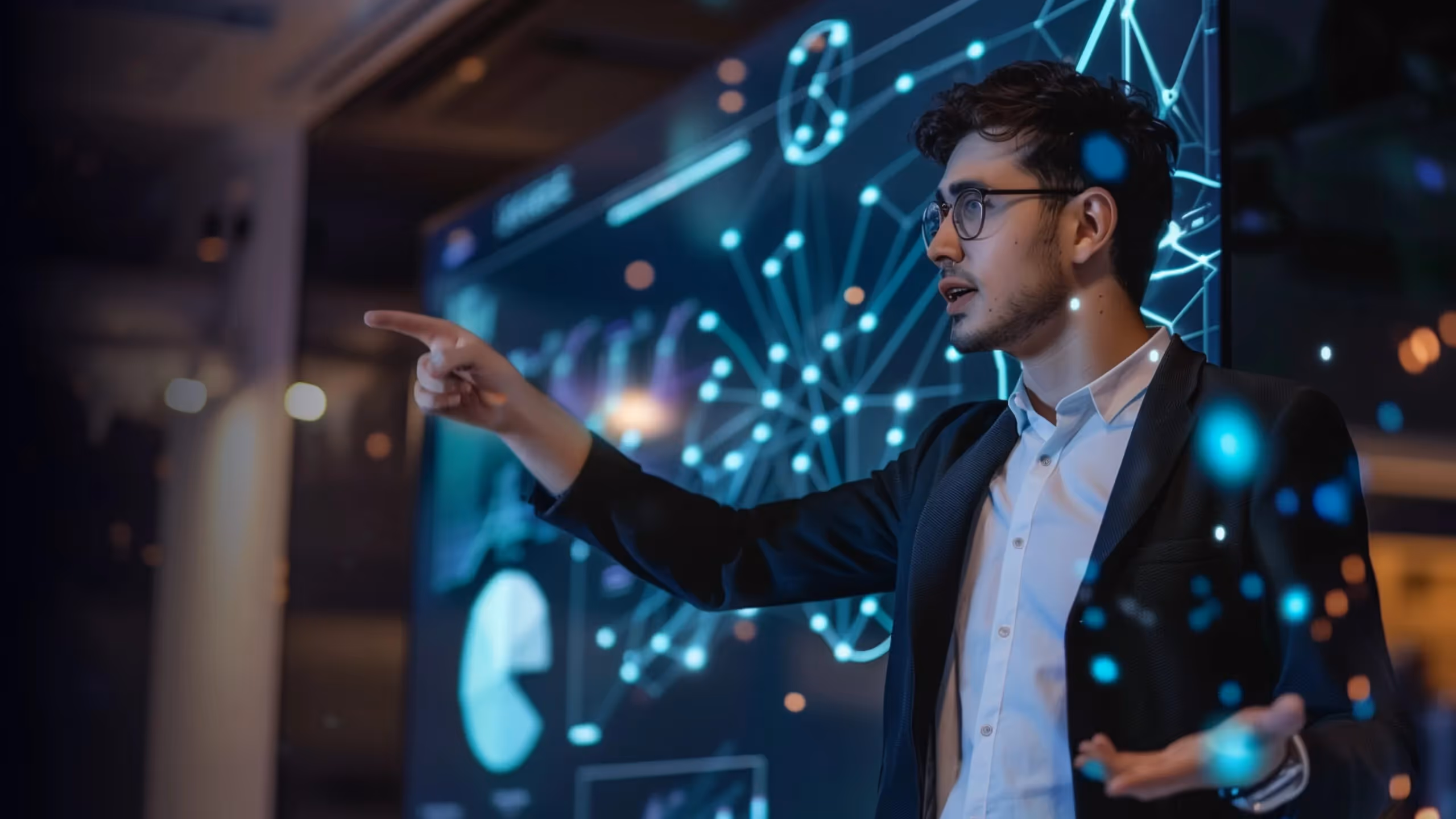a man in a suit and glasses points at a screen with a digital interface