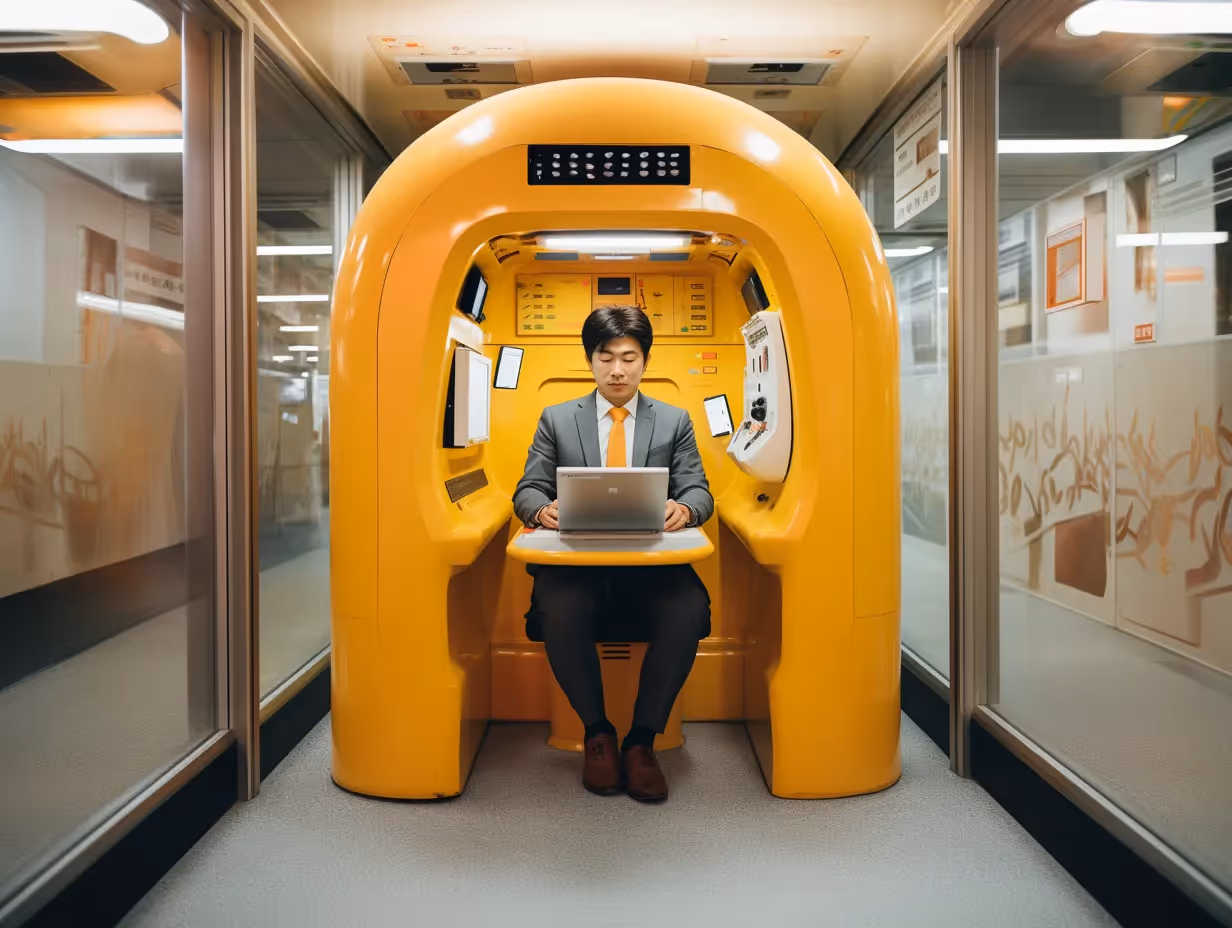 a man sitting in a yellow train with a laptop