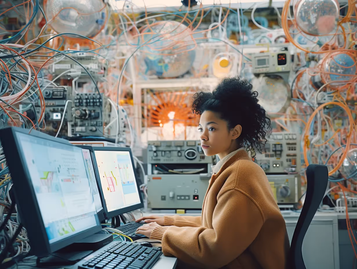 a woman sitting at a computer with wires all around her