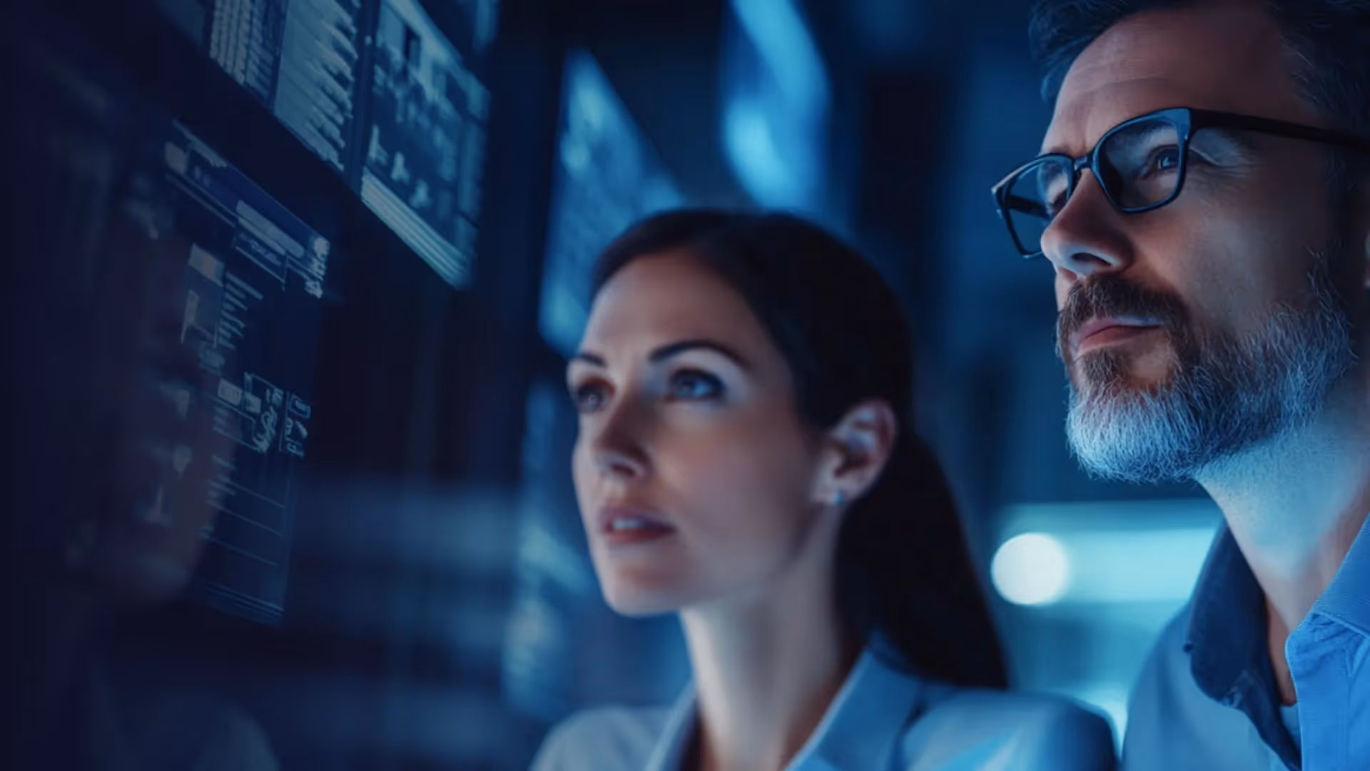 Two professionals intently analyzing data on a large screen in a dark, high-tech environment.