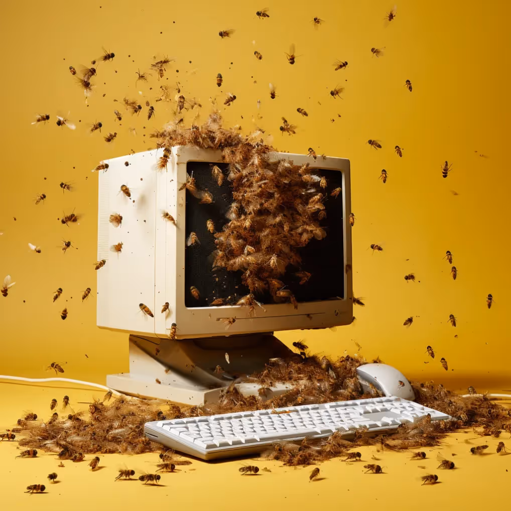 a computer with a bunch of flies on it