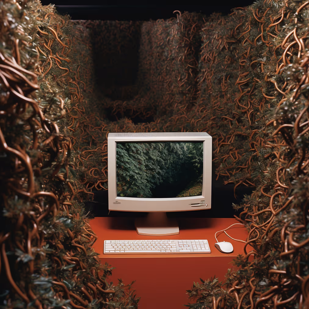 a computer sitting on a desk with a deer ant ant on the wall