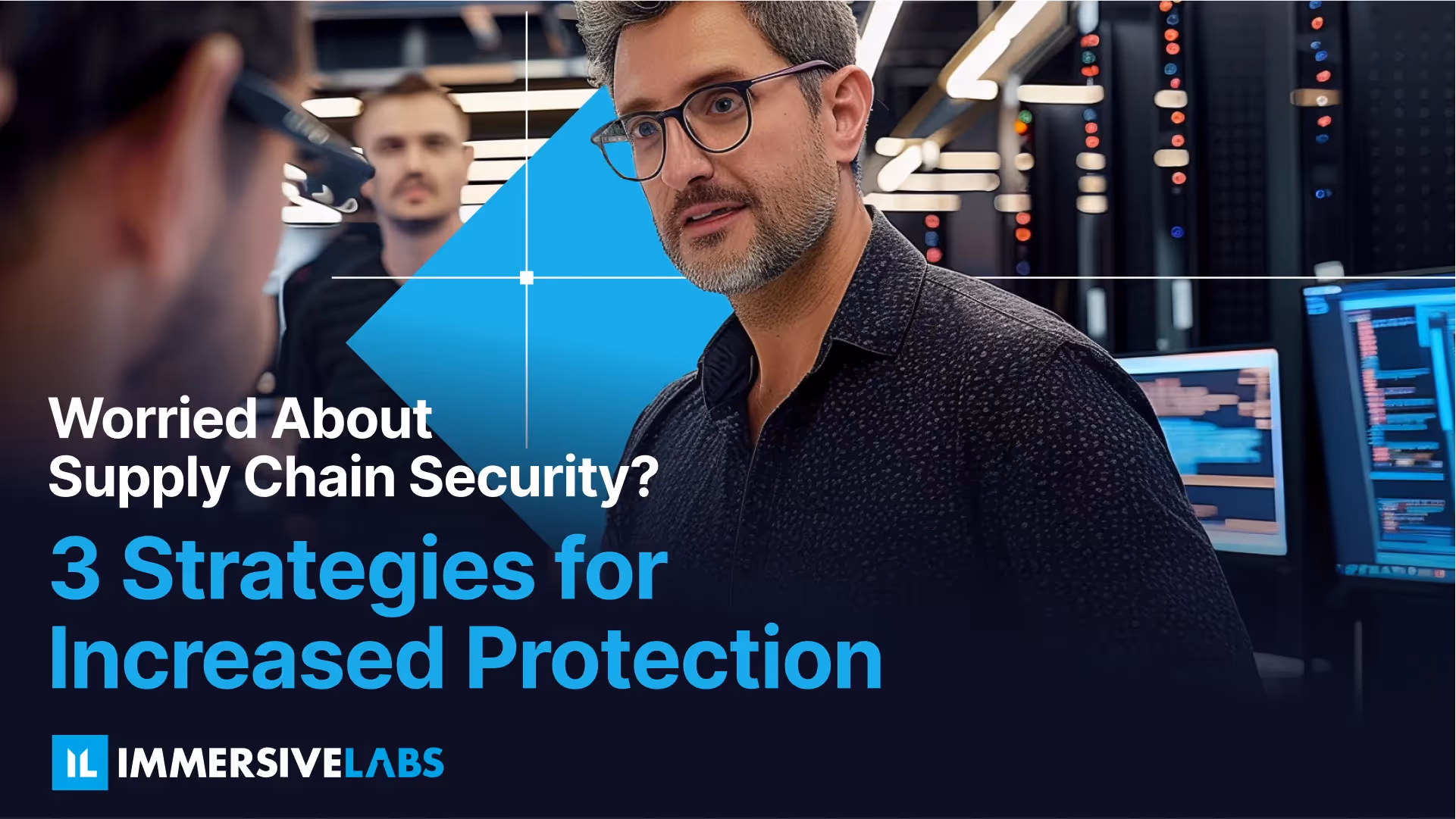 a man in a black shirt and glasses talking to another man in a blue shirt