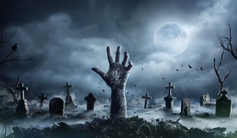 a zombie hand rising from a graveyard