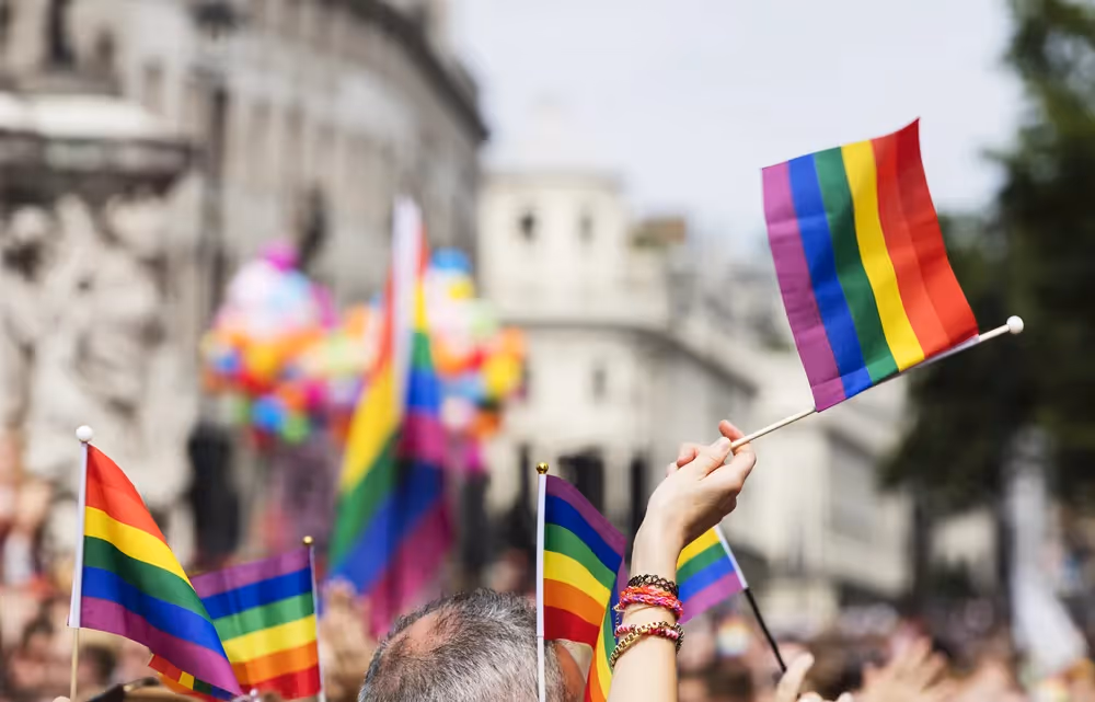 A, Spectator, Waves, A, Gay, Rainbow, Flag, At, An, Lgbt