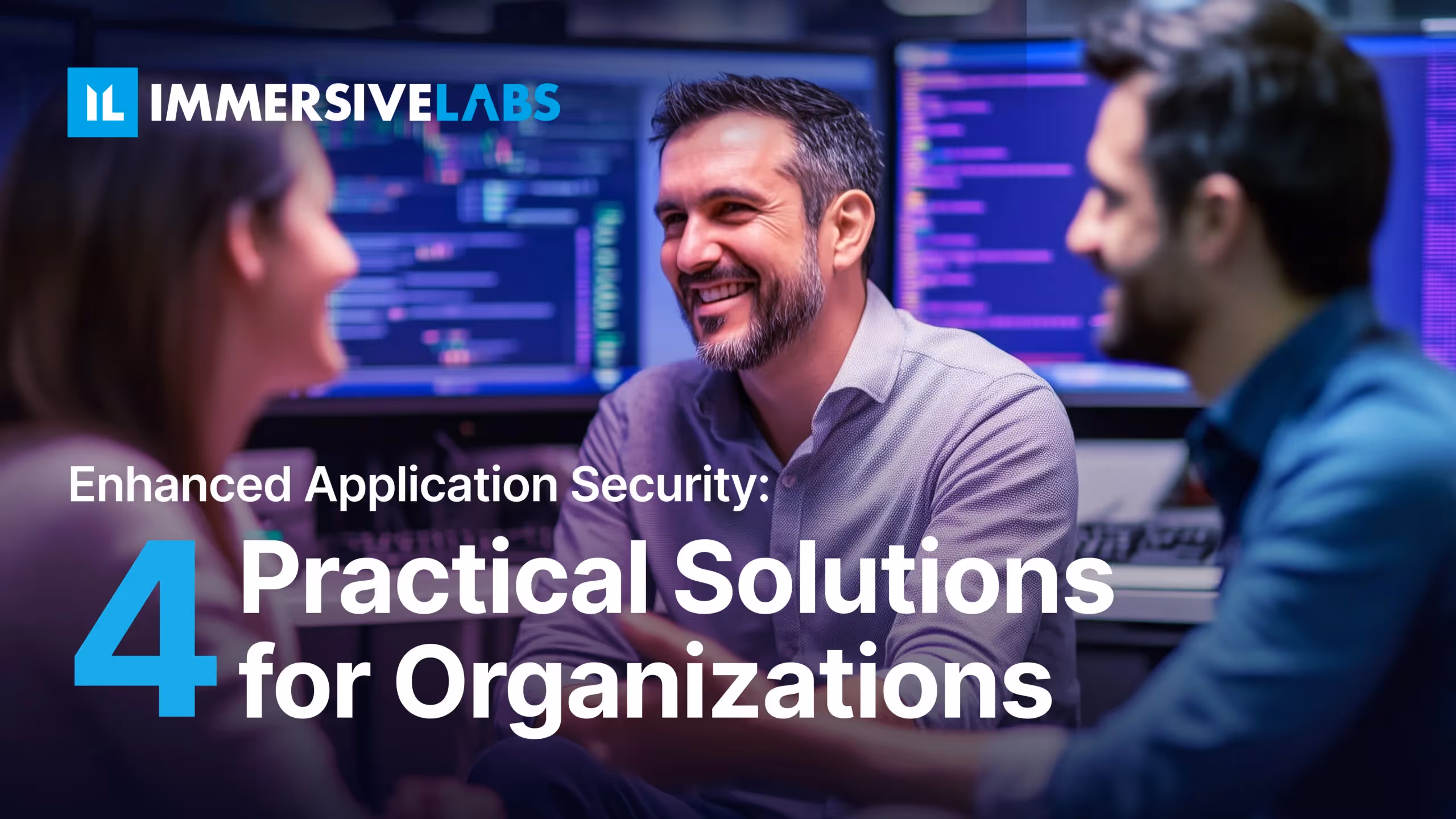 three people sit at a boardroom table discussing application security