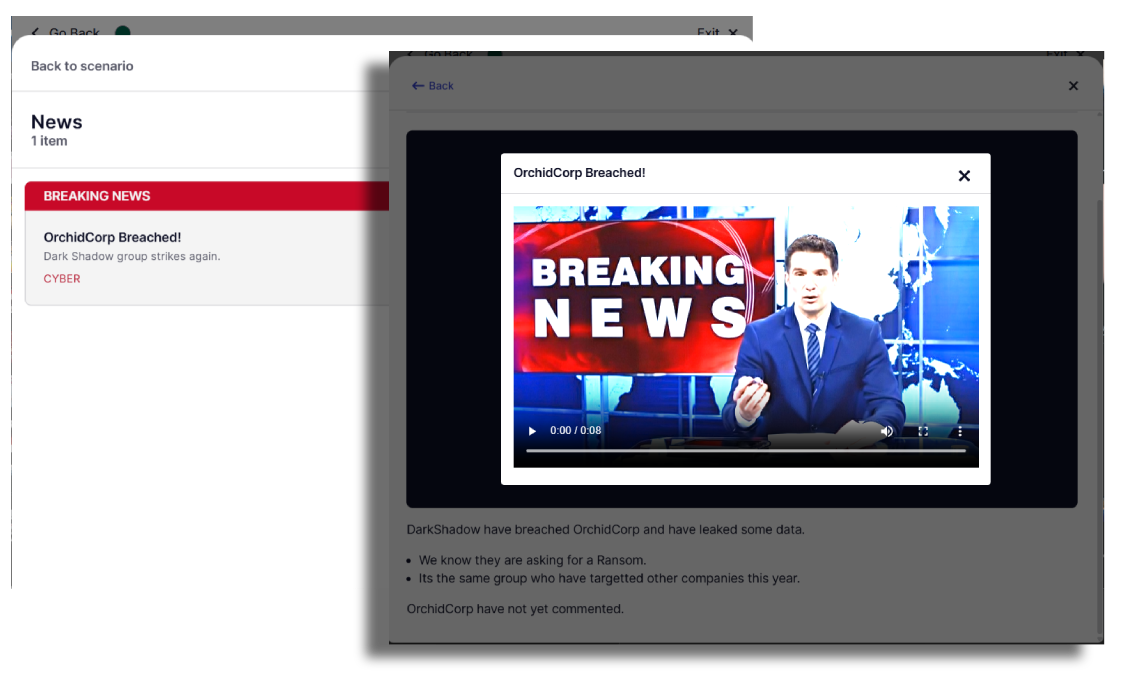 Screen showing a breaking news alert titled 'OrchidCorp Breached!' featuring a male news anchor in a blue suit in front of a world map background, with text stating the Dark Shadow group strike again and demands a ransom.