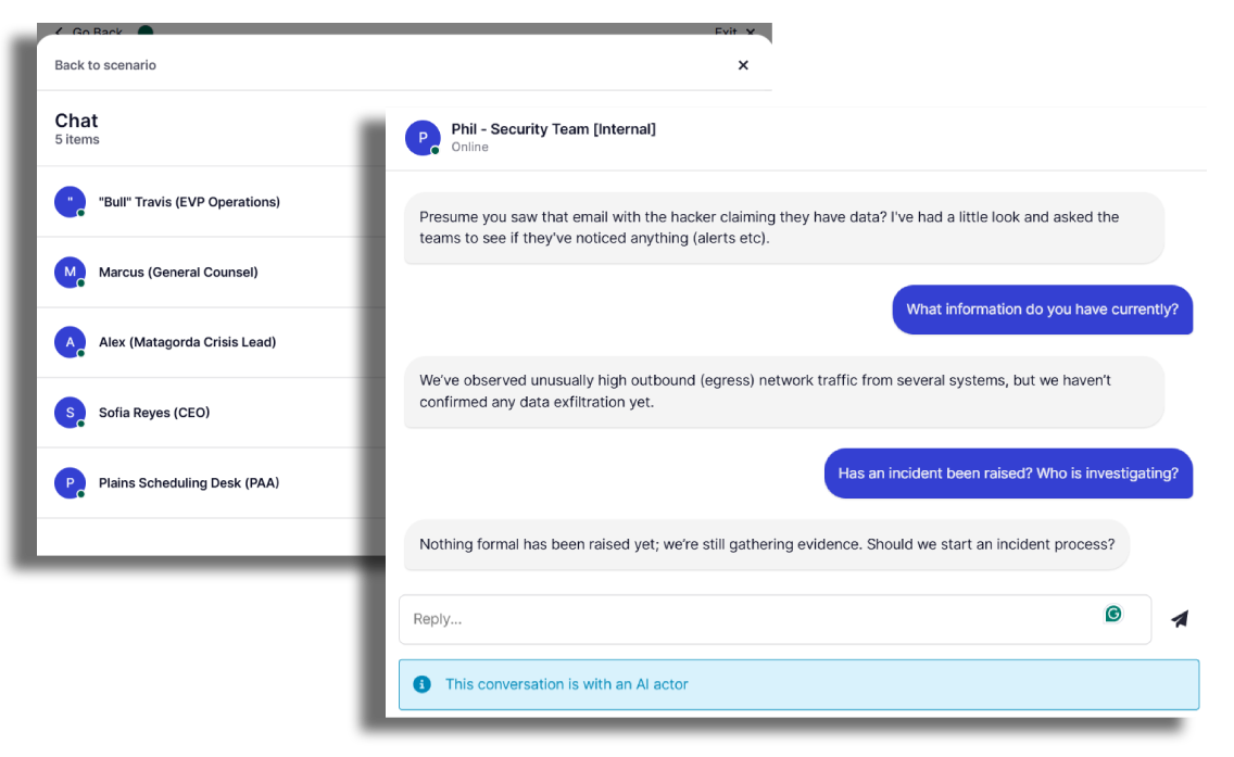 Chat interface showing internal security team discussing unusual outbound network traffic and incident investigation status.