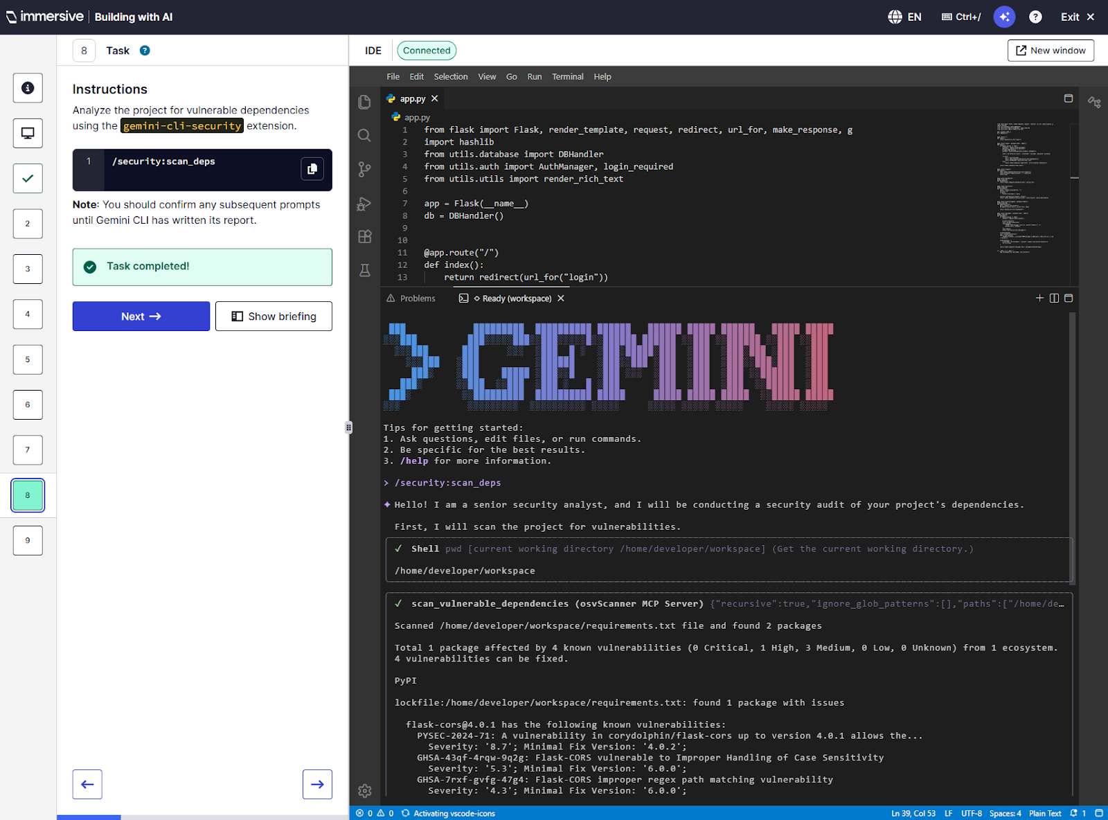 IDE screen showing Gemini CLI scanning Python project for vulnerable dependencies and listing found issues.