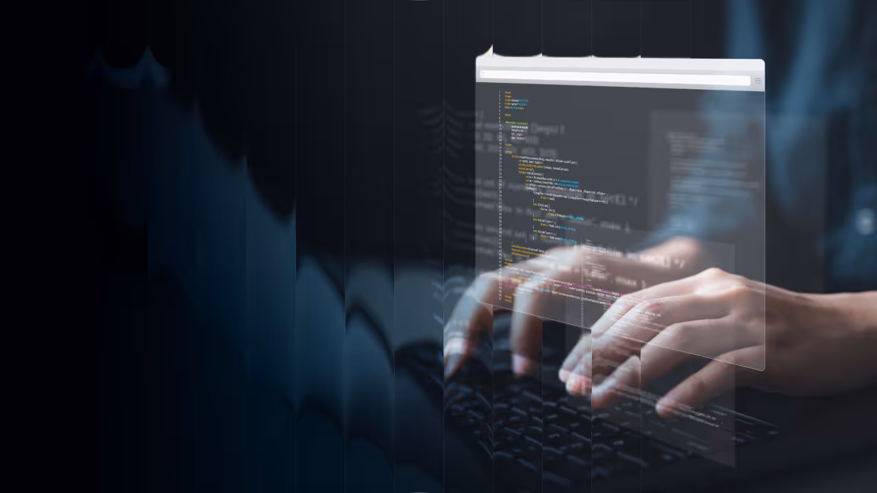 Hands typing on a keyboard with transparent coding windows floating above the keys.