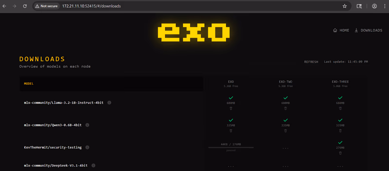 Dark-themed downloads page showing AI models' status across three nodes with storage and completion details.