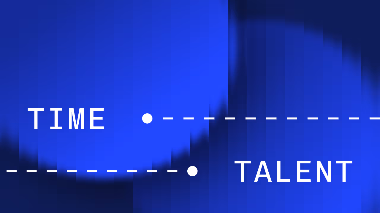Blue abstract background with the words TIME and TALENT connected by dotted lines and circles.