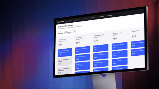 Computer monitor displaying NIST NICE Framework dashboard with cybersecurity workforce data and scores.