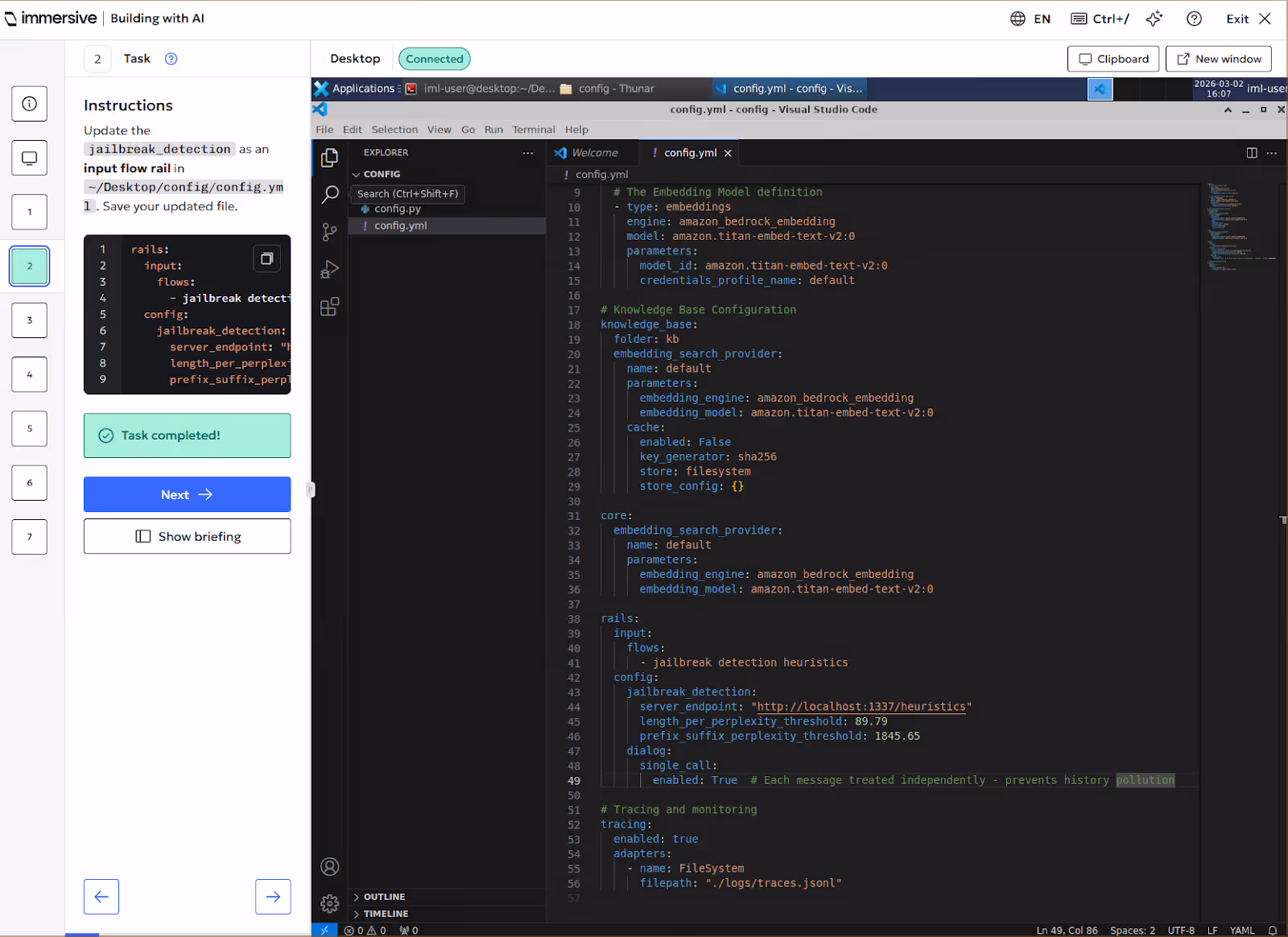 Code editor showing config.yml with jailbreak_detection input and parameters for AI embedding model and tracing.