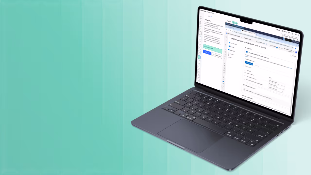 Open laptop showing browser with content filtering settings on a green gradient background.