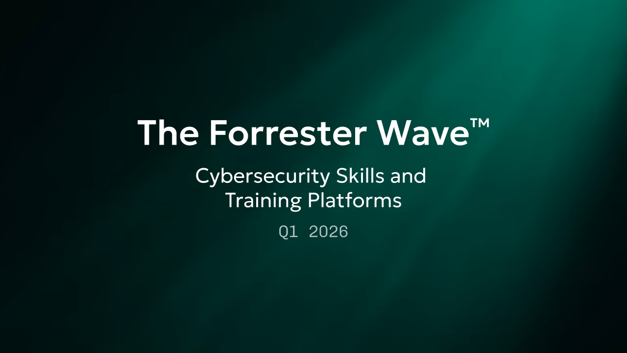 The Forrester Wave cybersecurity skills and training platforms report Q1 2026 on dark green background.