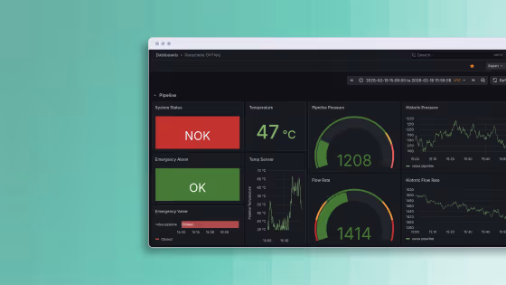Dashboard showing pipeline status with temperature, pressure gauges, flow rate, and alarm status indicators.