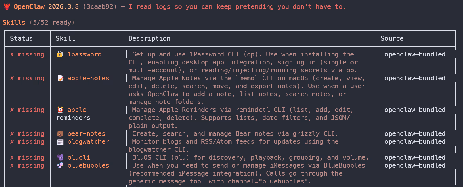 OpenClaw 2026.3.8 skills list with missing statuses, descriptions, and sources in a terminal interface.