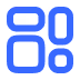 Abstract blue icon with four rounded square shapes arranged in a 2x2 grid on white background.