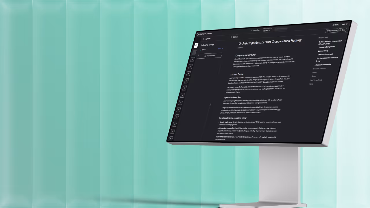 Computer monitor displaying a dark-themed threat hunting exercise titled Orchid Emporium: Lazarus Group.